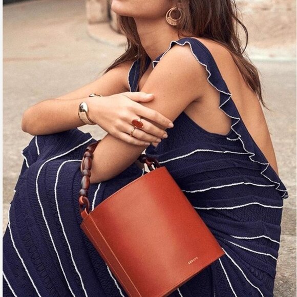 BEST Sezane Marcia Midi Dress Small Navy Blue Knit French Vacation Casual Party - Picture 2 of 12